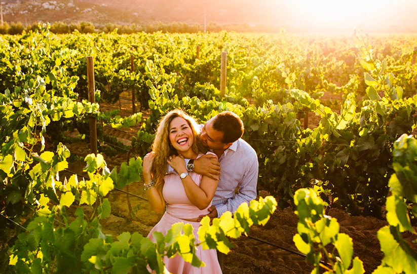 Romantic marriage proposal setting in Baja California wine country